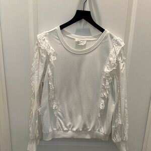 Anthropologie White Lace-Trimmed Sweatshirt